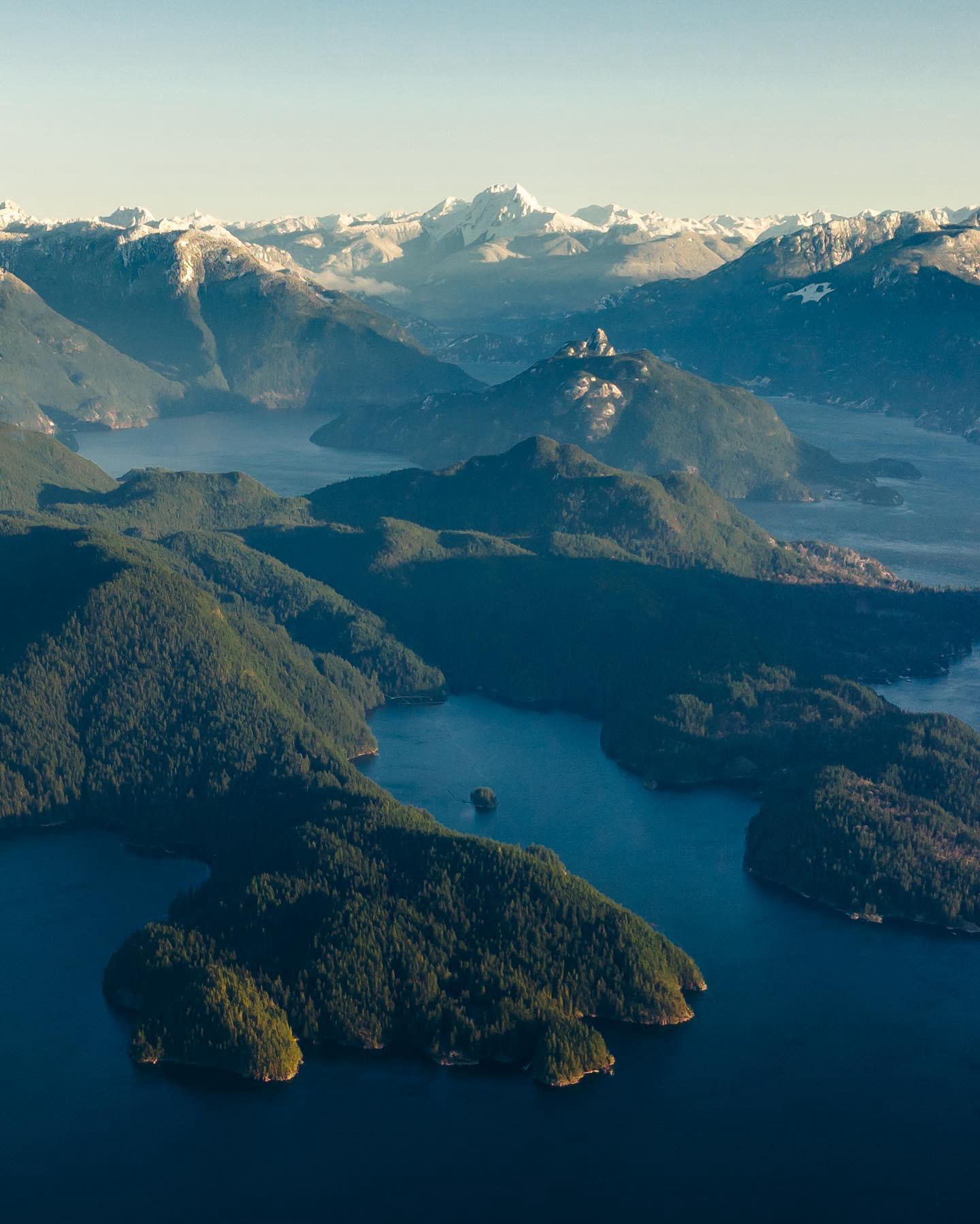 An aerial view of Howe Sound- above the Pasley islands, Gambier island, and the little island I grew
